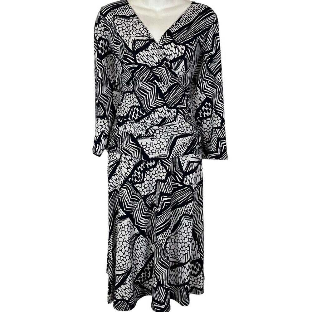 Rekucci Womens Navy White V-Neck Jersey Knit Stretch Midi 3/4 Sleeve Dress sz 14